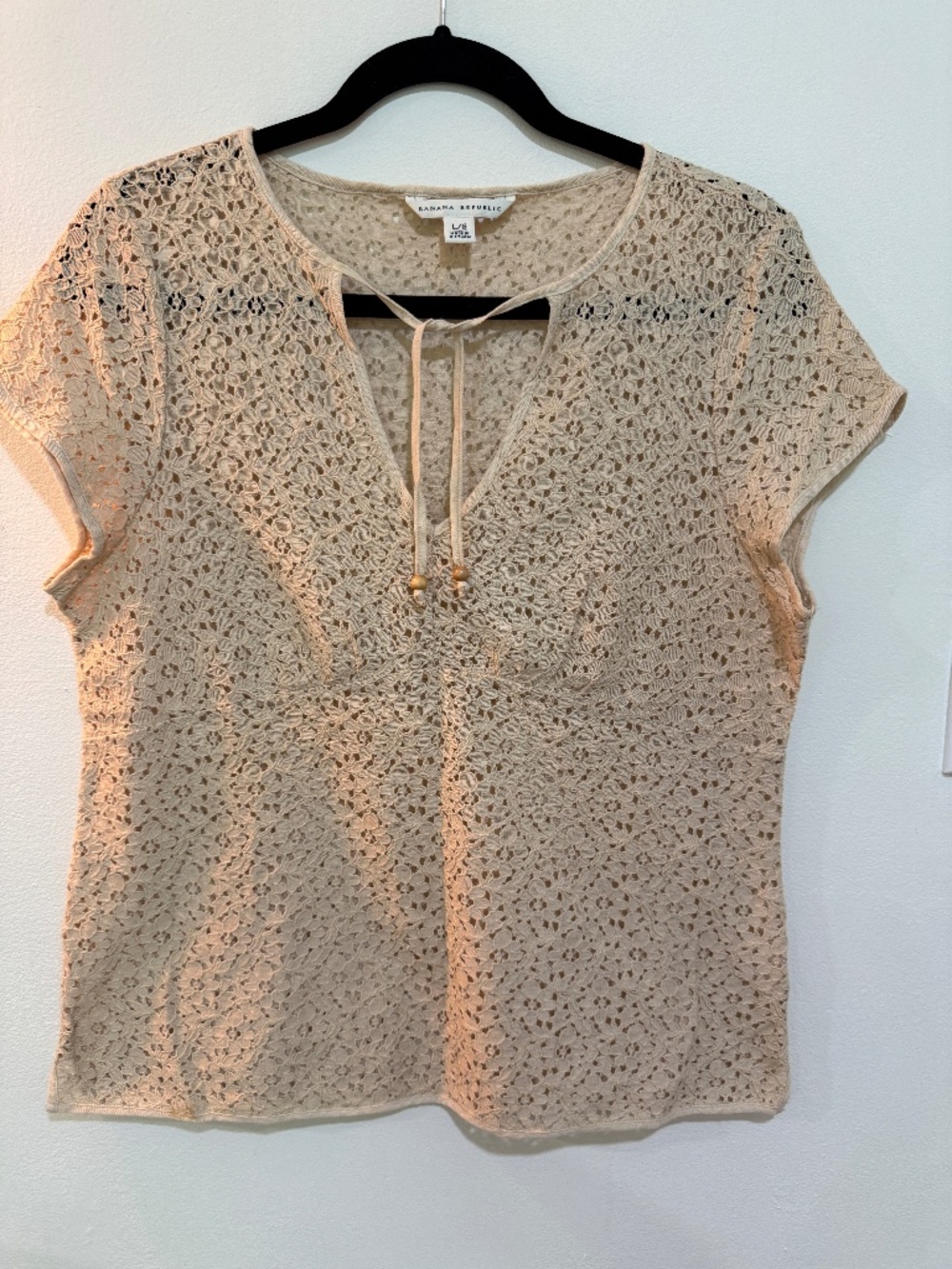 Vintage Style, Ivory Cotton Lace blouse with V-neck & Ties, Banana Republic